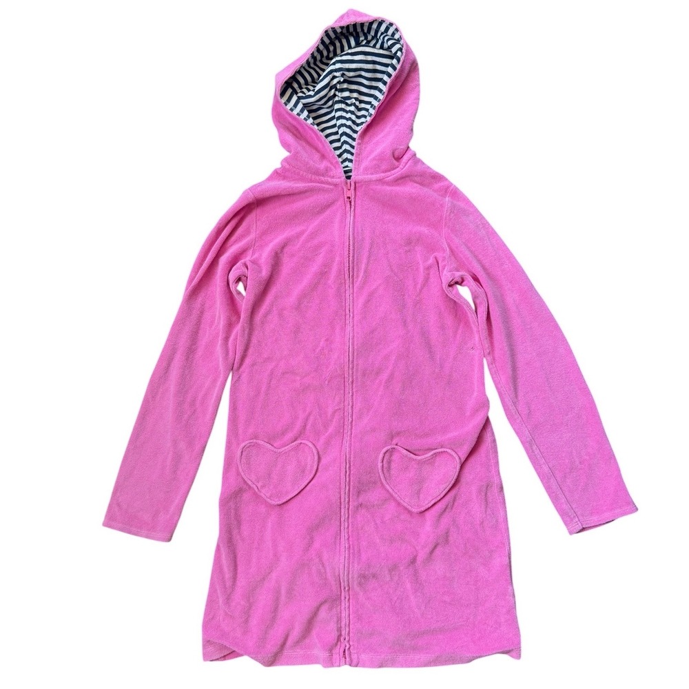 Lands End Terry Cloth Swim Cover Up Girls Pink Heart Pockets Hooded Zip